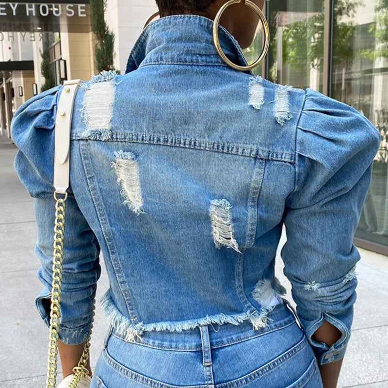 short worn denim jacket women puff sleeve denim jacket