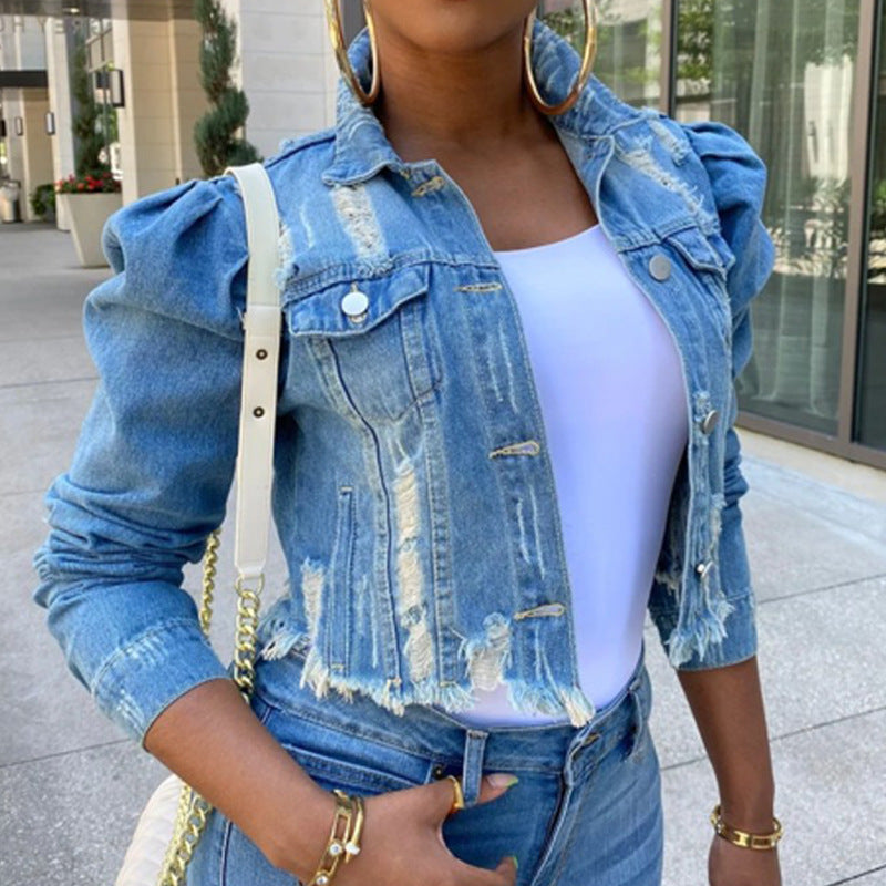short worn denim jacket women puff sleeve denim jacket