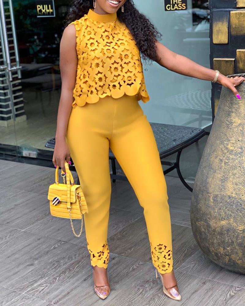 FZ Women's High Neck Lace Hollow Out Pants Suit - FZwear