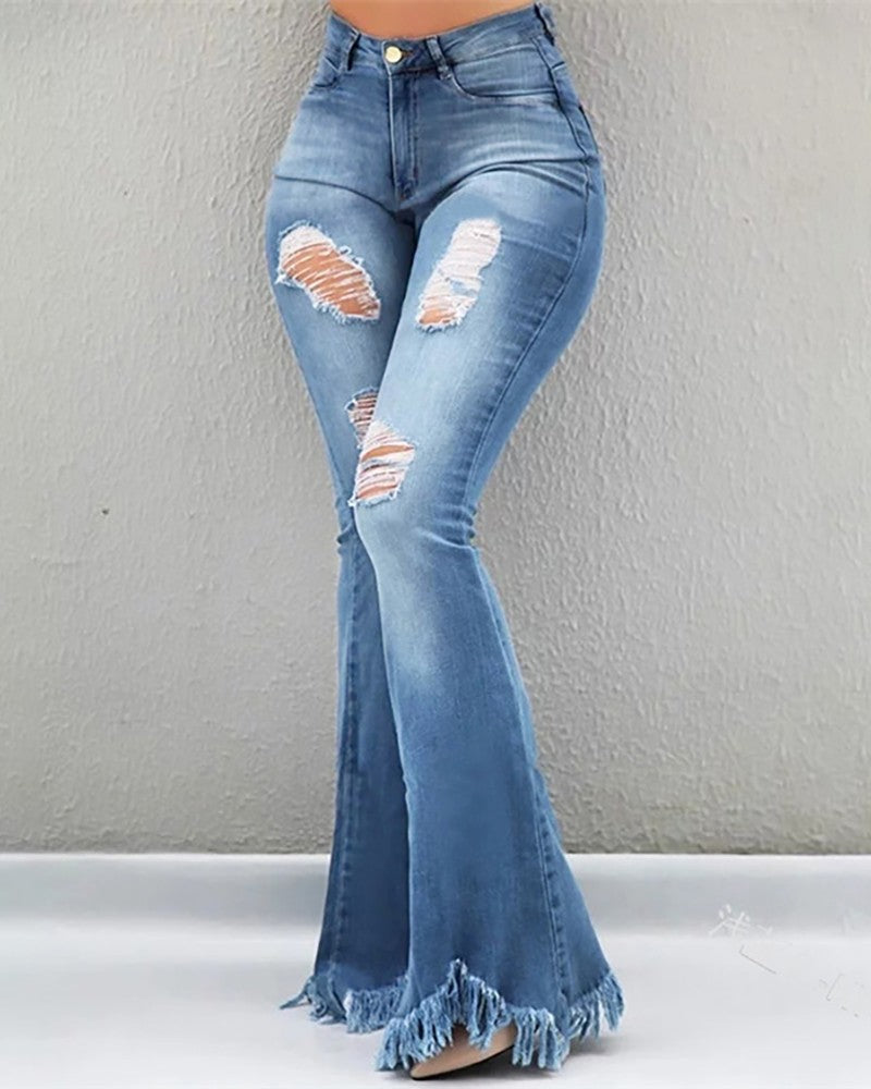 FZ Women's High Waist Bell-Bottom Tassel Denim Pants - FZwear