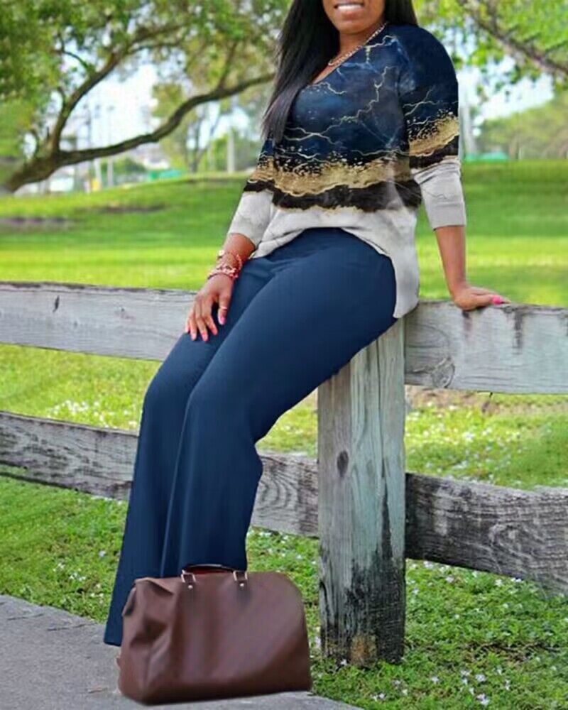 FZ Women's Plus Size Marble Print High Waist Pants Suit - FZwear