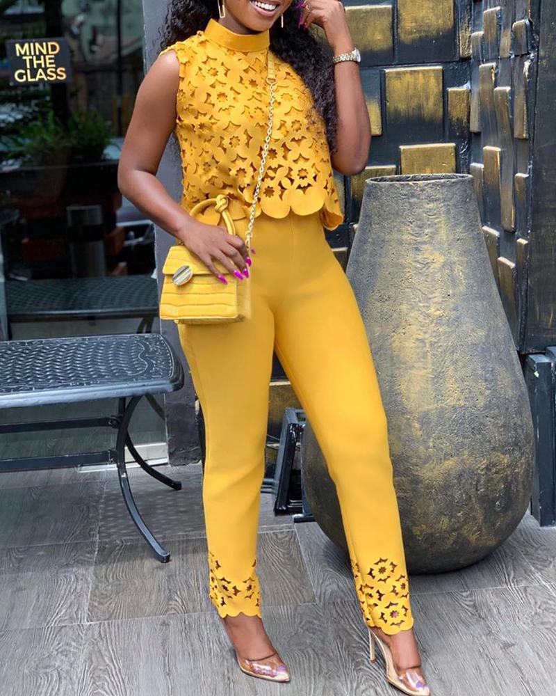 FZ Women's High Neck Lace Hollow Out Pants Suit - FZwear