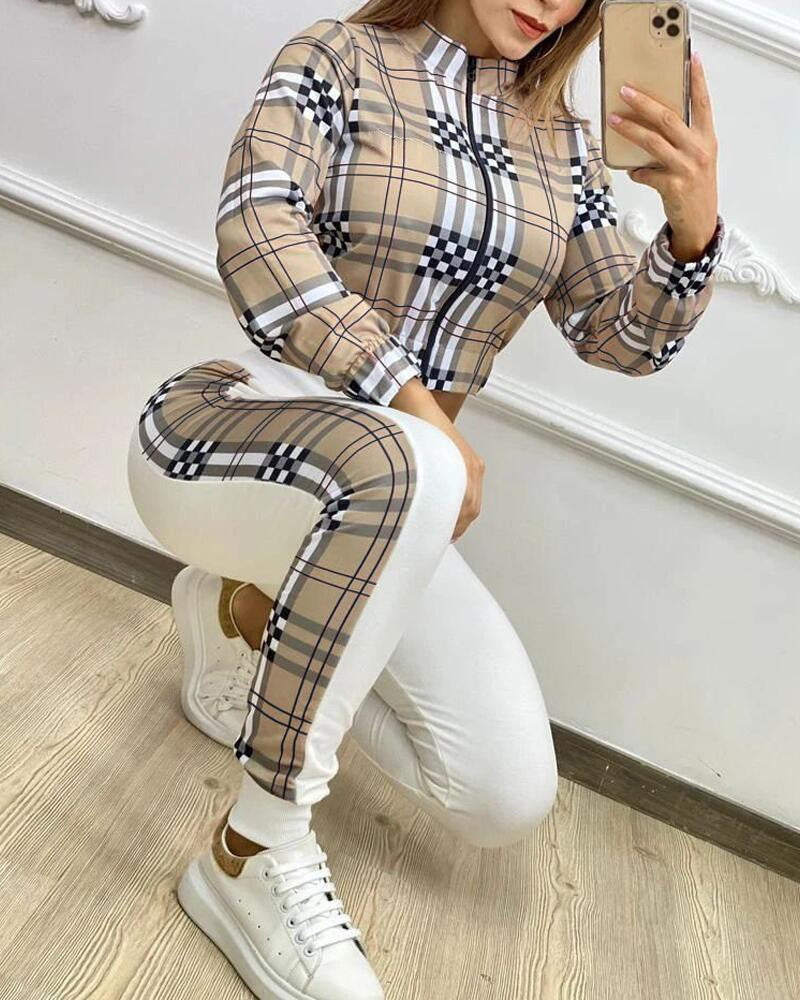 FZ Women's Plaid Print Drawstring Pants Suit - FZwear