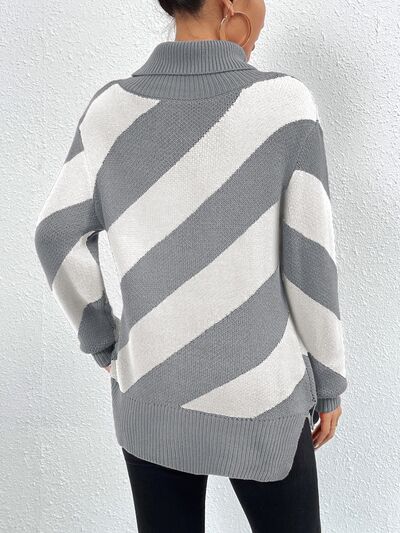 FZ Women's Striped Turtleneck Dropped Shoulder Sweater - FZwear
