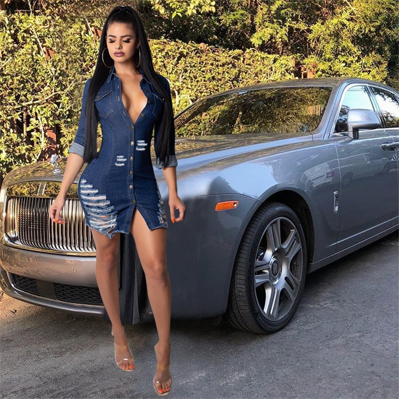 FZ Women's Sexy Holes Denim Mini Dress - FZwear