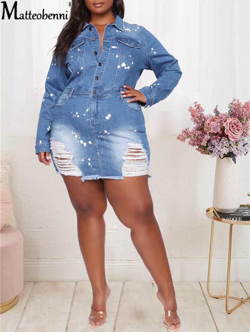 fz women's slim sexy ripped hole denim dress