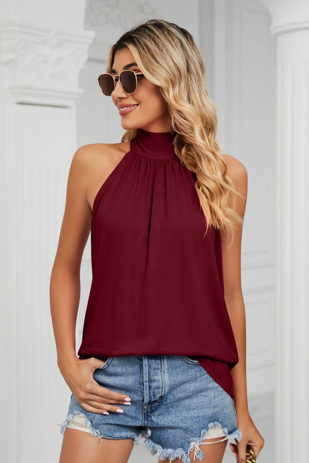 gathered detail tied sleeveless top