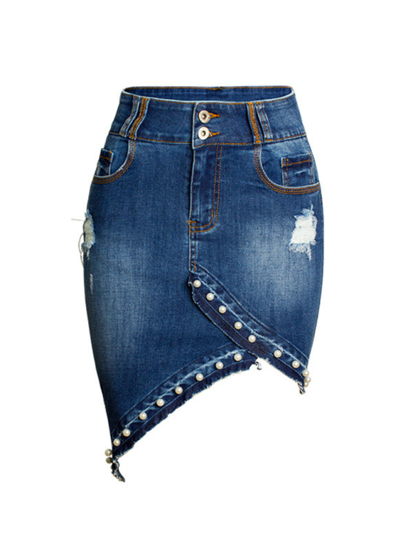 women's irregular beaded pearl denim midi skirt
