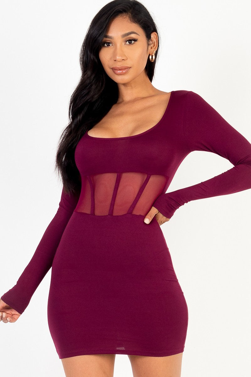 square neck mesh corset mini dress