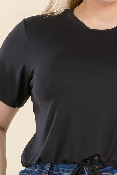 plus size tie front drawstring short sleeve crop top