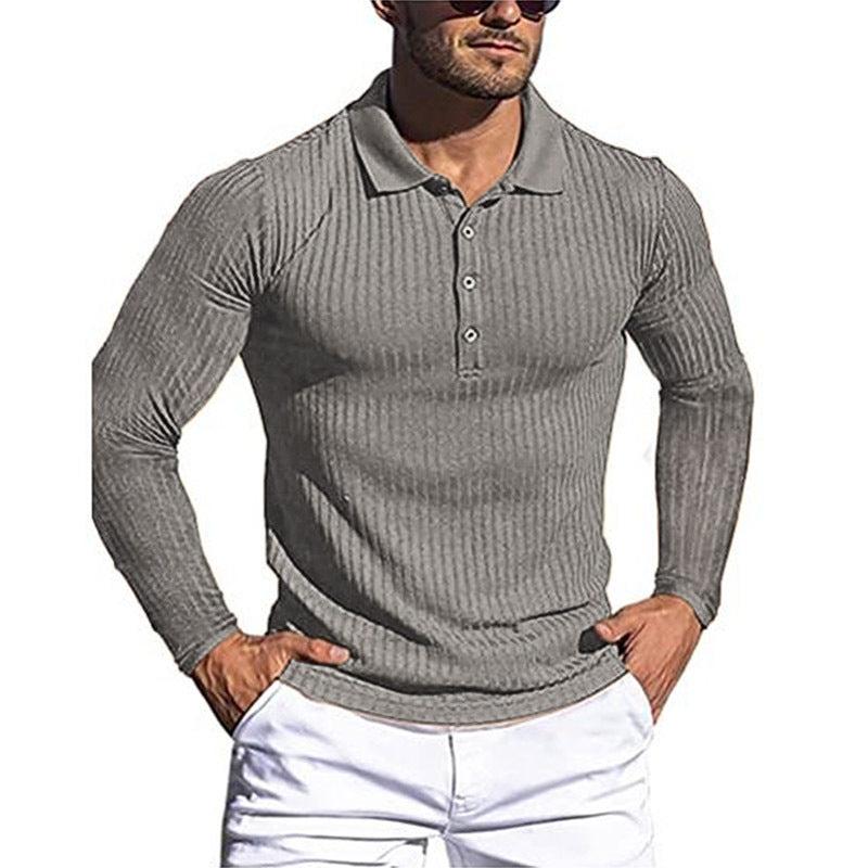 new men's high elastic vertical strip long sleeve polo shirt slim knit bottom shirt polo shirt