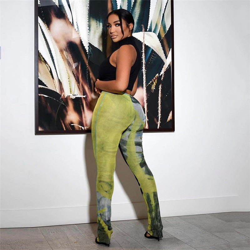 summer women clothing sexy sheer mesh printed breathable high waist figure flattering hip lifting casual pants