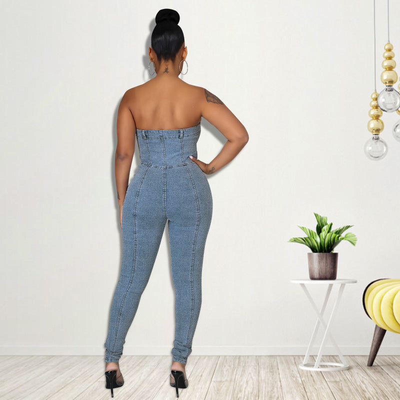 women clothing autumn sleeveless off shoulder corset denim jumpsuit