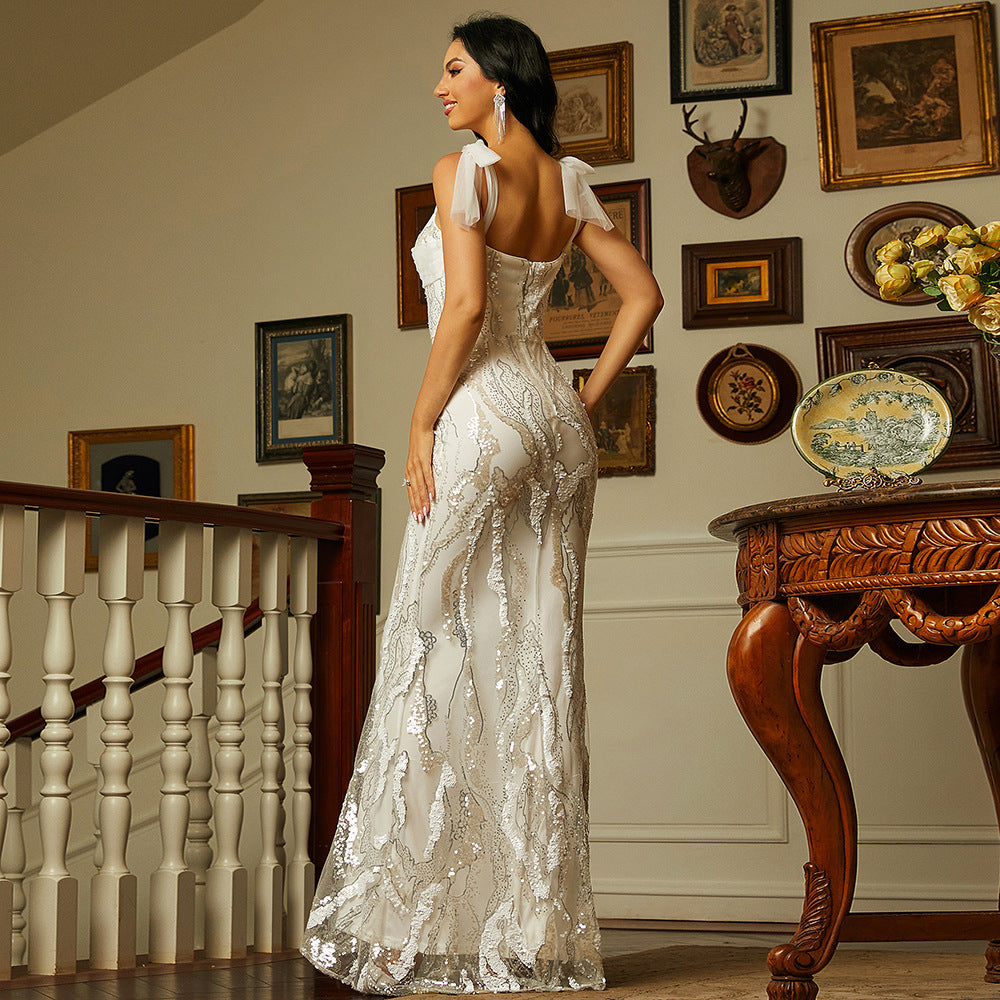 sleeveless elegant sexy long sequined off neck backless evening dress bridesmaid dress sequin tie