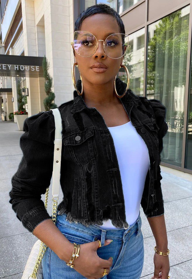 short worn denim jacket women puff sleeve denim jacket