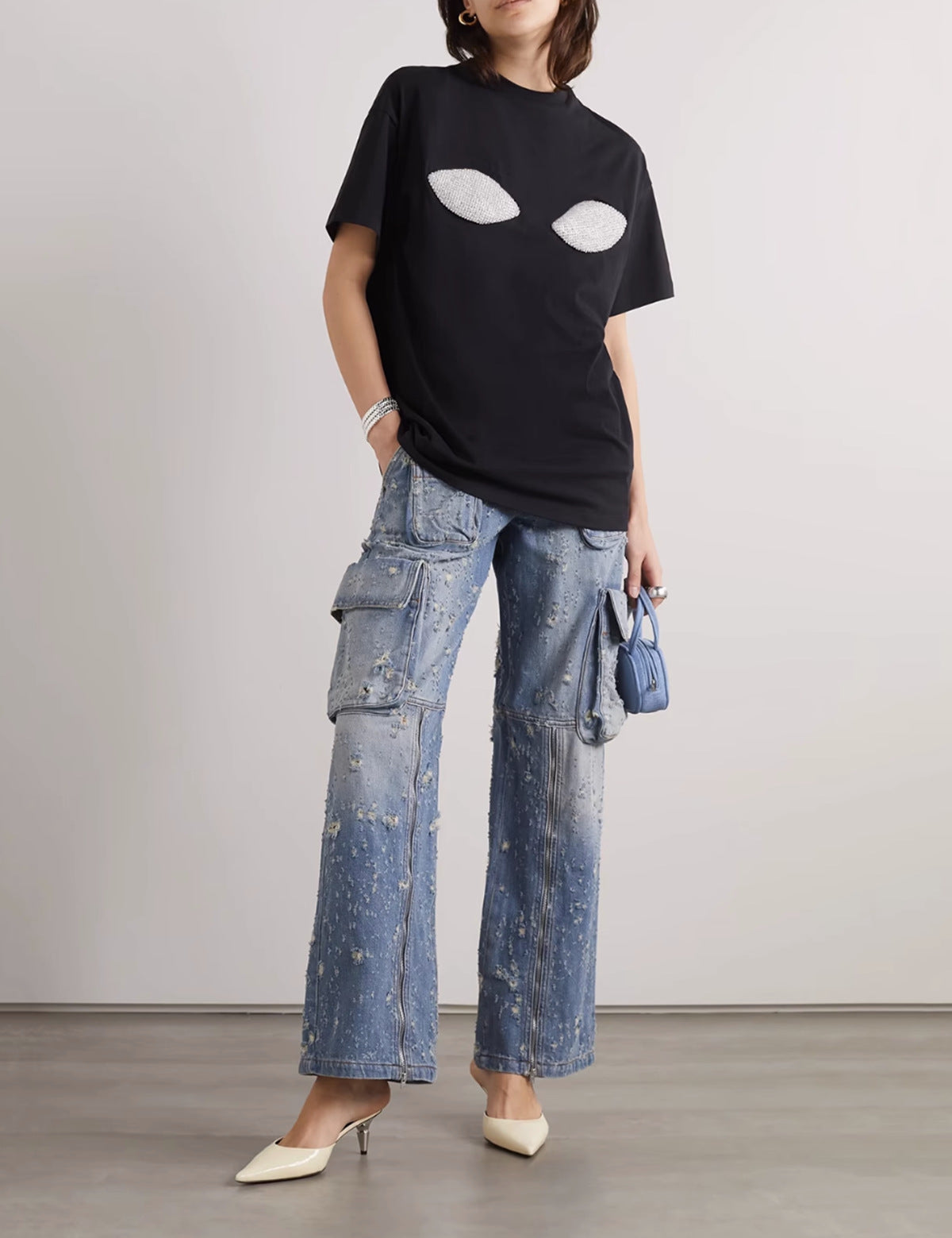 niche design jeans light blue workwear women damaged design high waist loose hole trousers