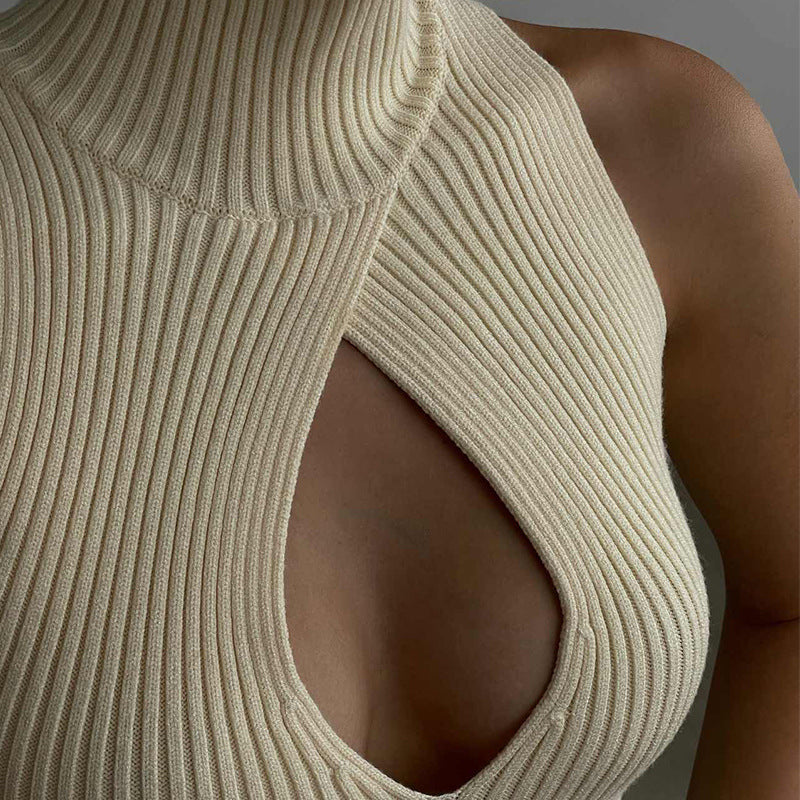 women clothing autumn high neck sleeveless chest hollow out cutout design knitted fabric threaded short vest