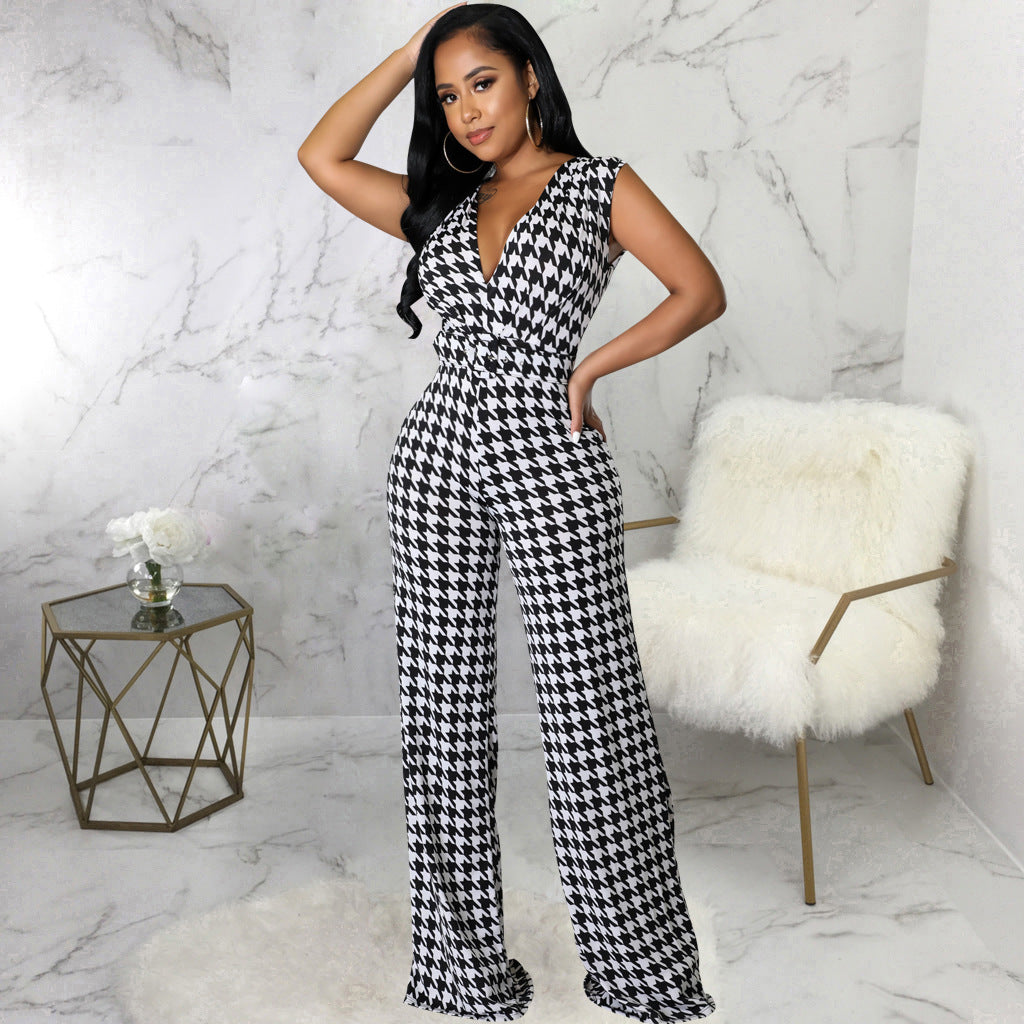 sexy digital printed v-neck women jumpsuit