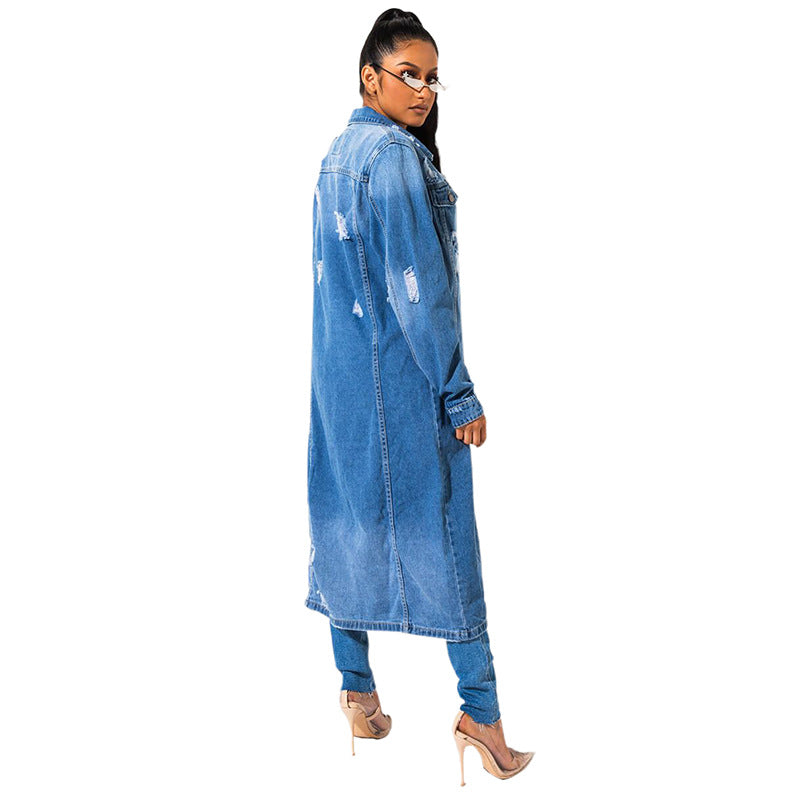 denim jacket women autumn winter worn loose v neck denim trench coat