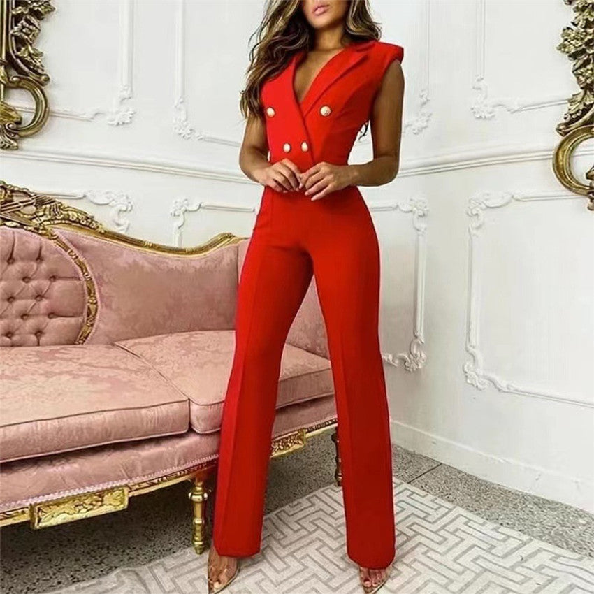 spring summer women clothing color matching button v-neck sleeveless houndstooth jumpsuit business wear for women