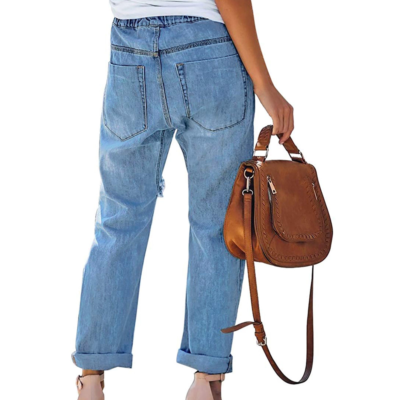 FZ Women's Frame Classic Elastic Drawstring Ripped Denim Pants - FZwear