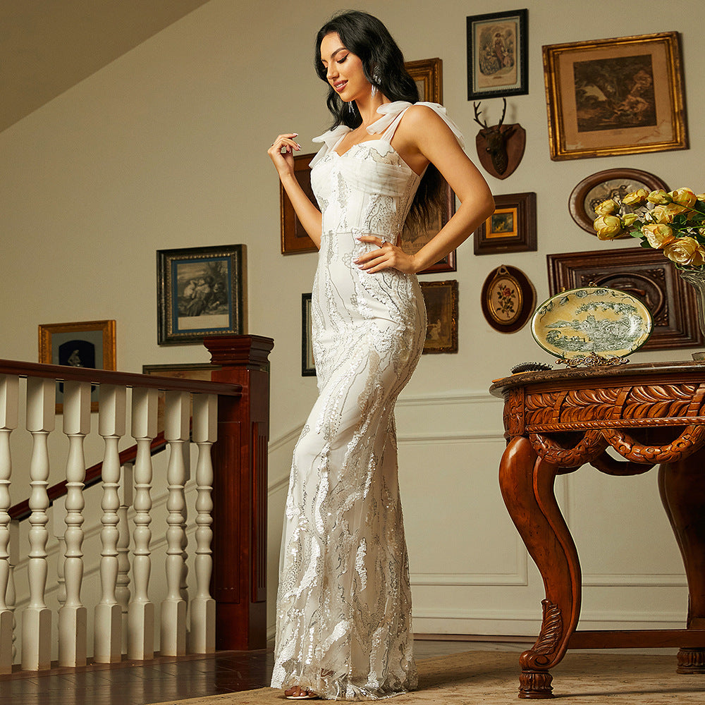 sleeveless elegant sexy long sequined off neck backless evening dress bridesmaid dress sequin tie