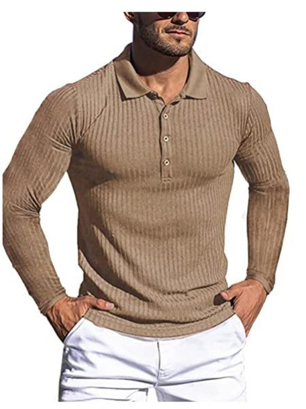 new men's high elastic vertical strip long sleeve polo shirt slim knit bottom shirt polo shirt