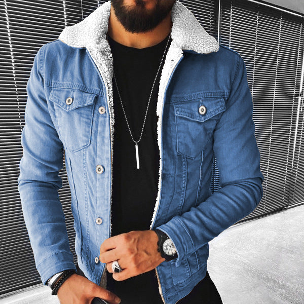 plush style thickened denim men's outer jacket