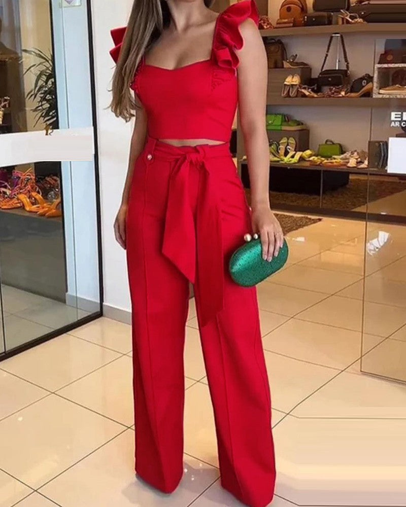 FZ Women's Flutter Sleeve Crop Top & Wide Leg Pants Suit - FZwear