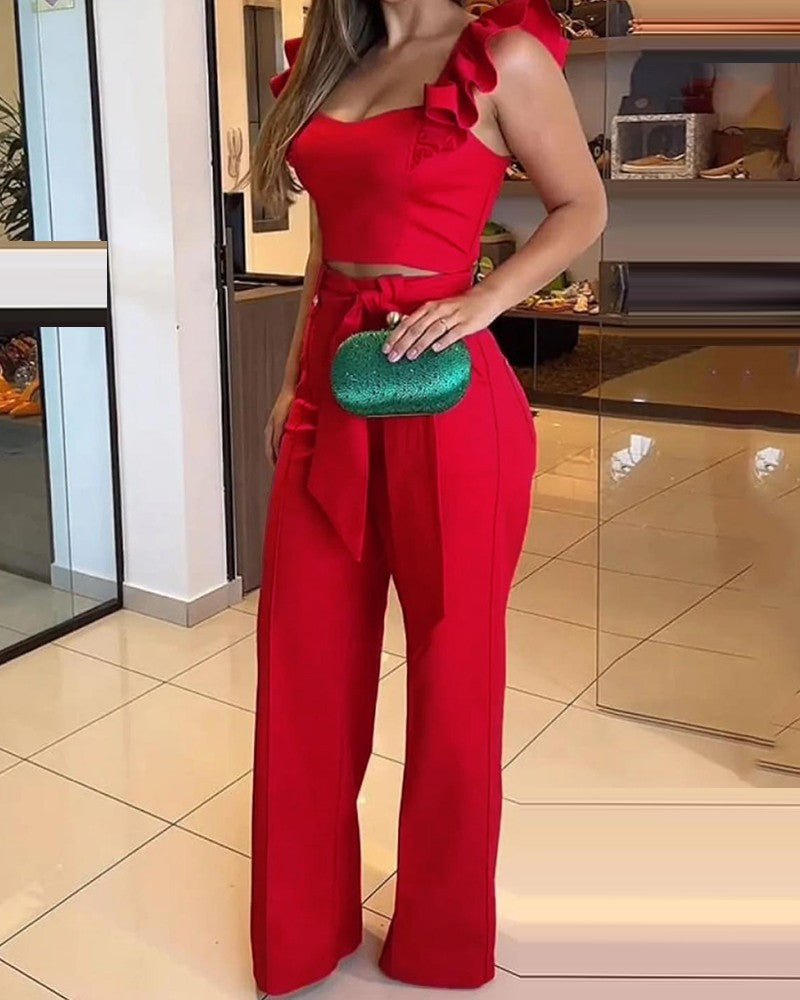 FZ Women's Flutter Sleeve Crop Top & Wide Leg Pants Suit - FZwear