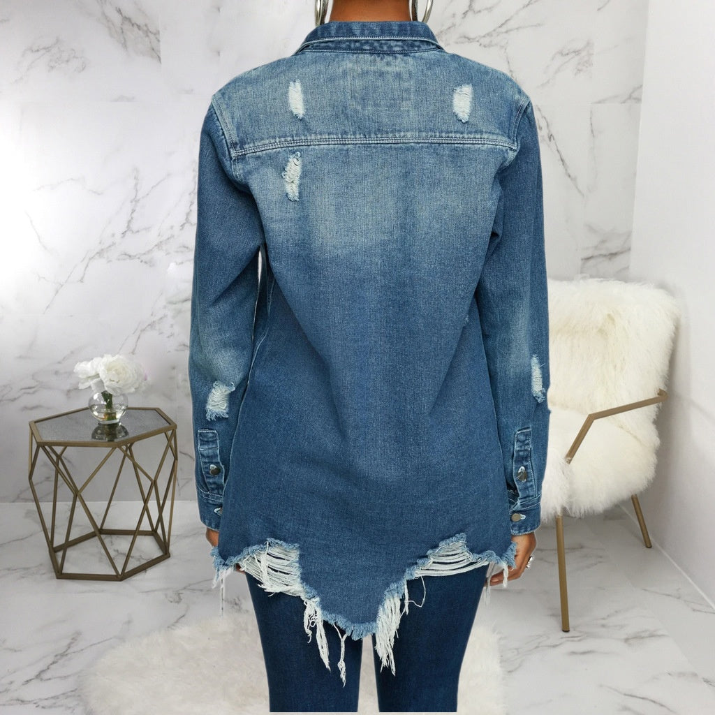 FZ Women's Loose Ripped Washed Blue Denim Jacket - FZwear