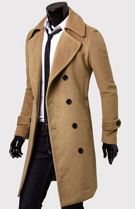 men's double breasted lengthened simple wool coat