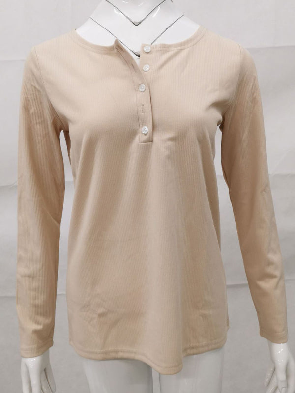 solid button slim long sleeve top bottom shirt