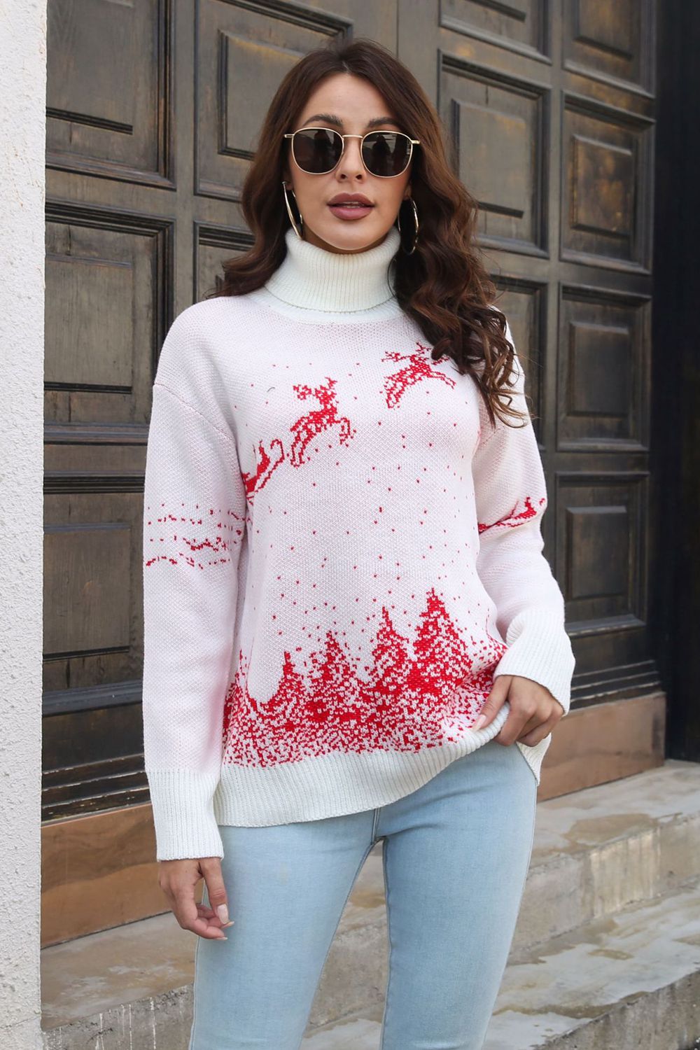 reindeer & snow pattern turtle neck pullover sweater