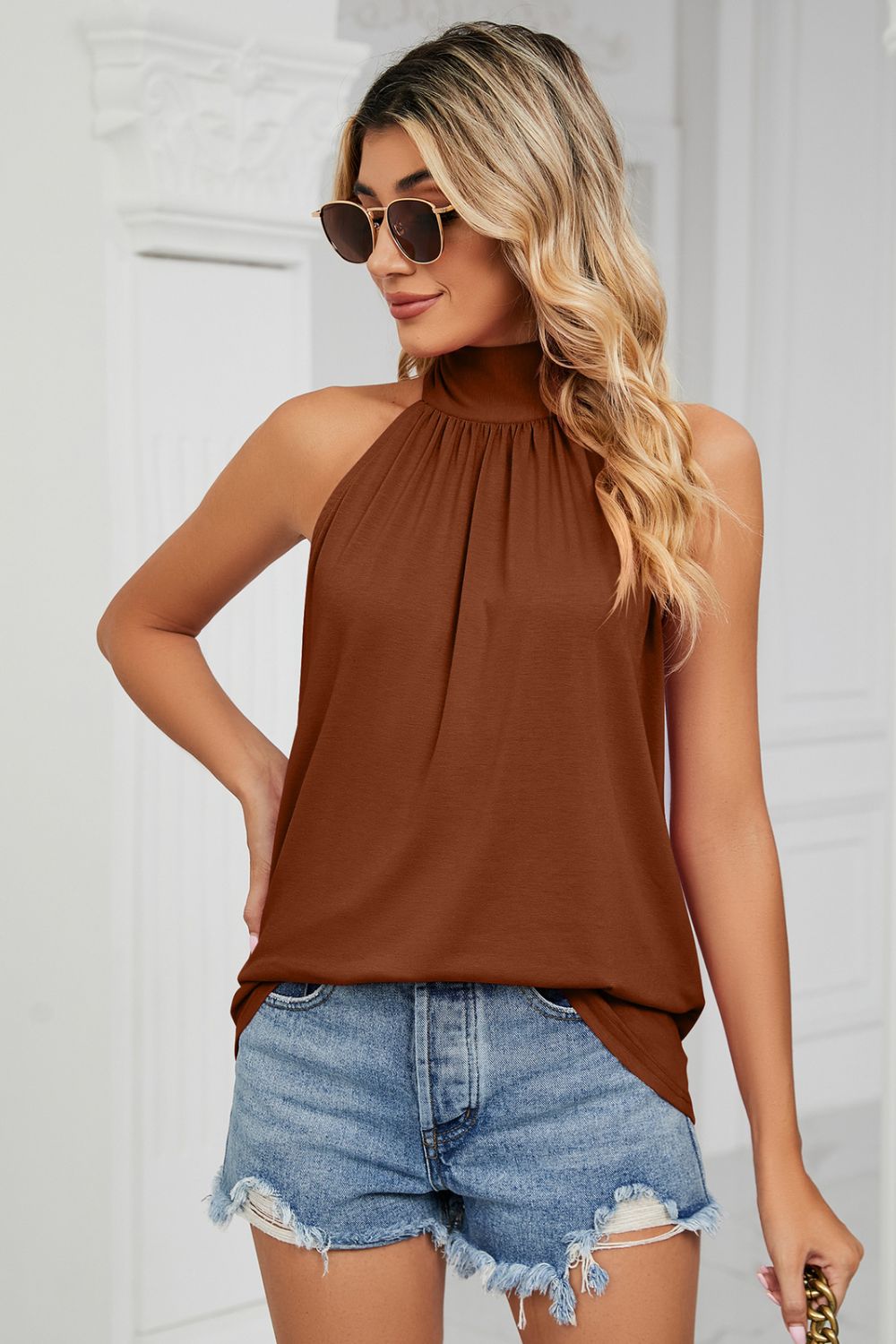 gathered detail tied sleeveless top