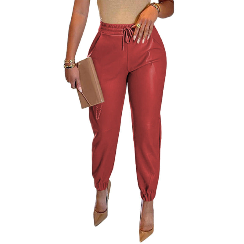 women's solid color drawstring pocket leggings leather pants