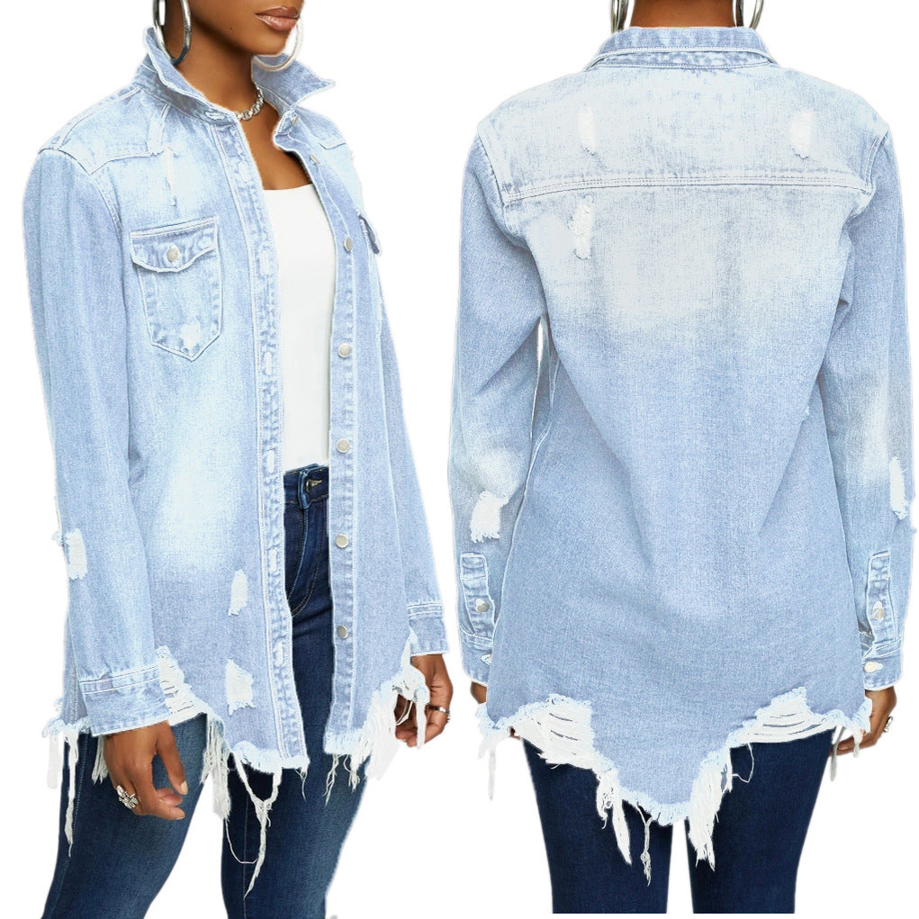 FZ Women's Loose Ripped Washed Blue Denim Jacket - FZwear