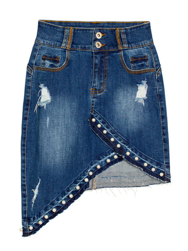 women's irregular beaded pearl denim midi skirt