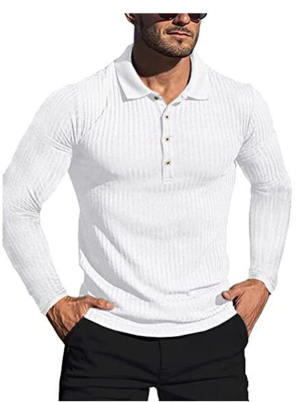 new men's high elastic vertical strip long sleeve polo shirt slim knit bottom shirt polo shirt
