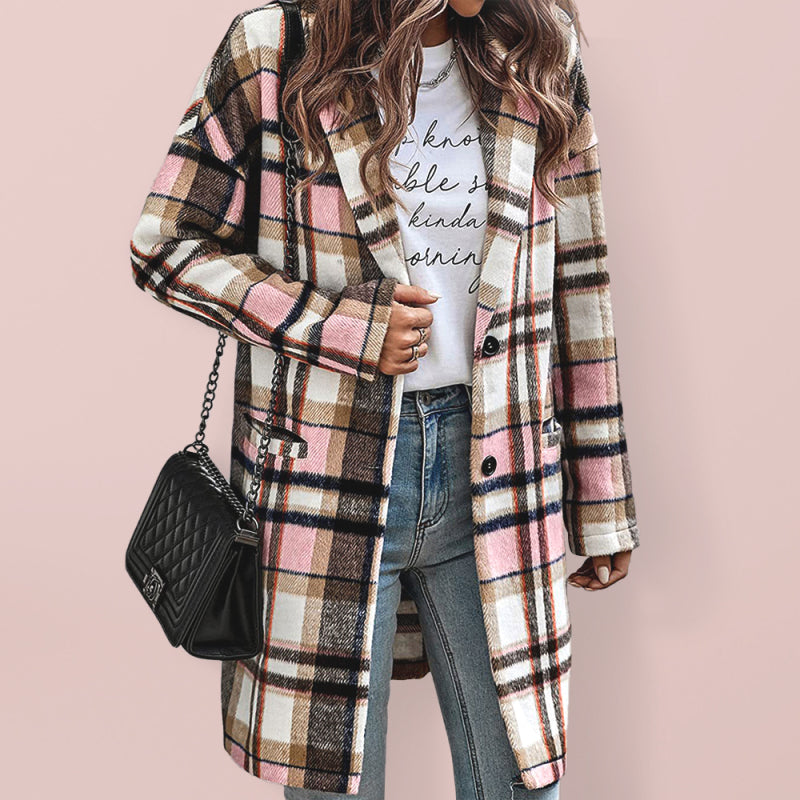 autumn and winter new women's lapel pocket plaid wool coat