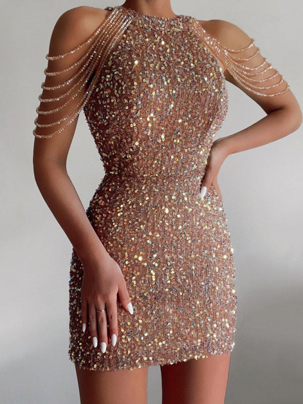 sequined chain beads bodycon party dress