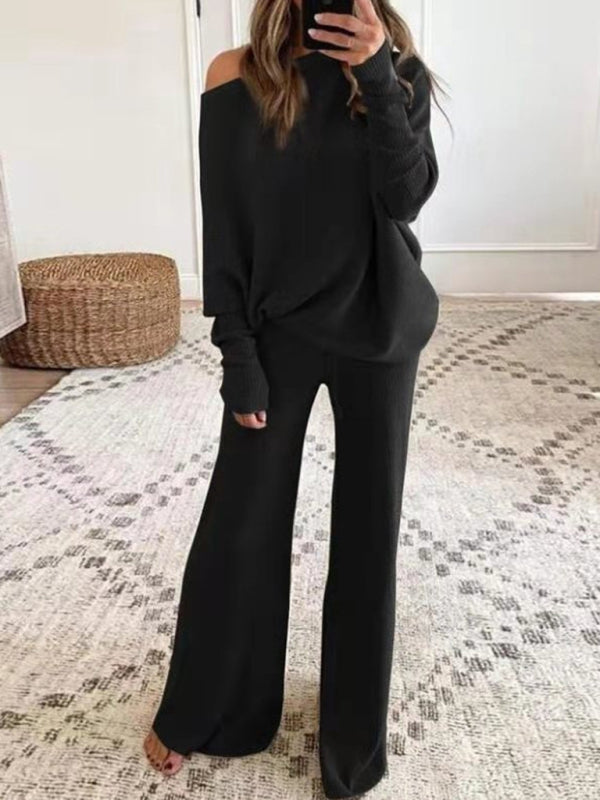 women's solid color off the shoulder ribbed wide legs pants sweater set