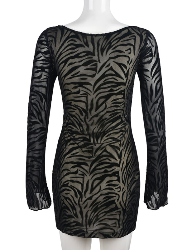 women's solid color cutout zebra print flocked mesh long sleeve sheath midi dress