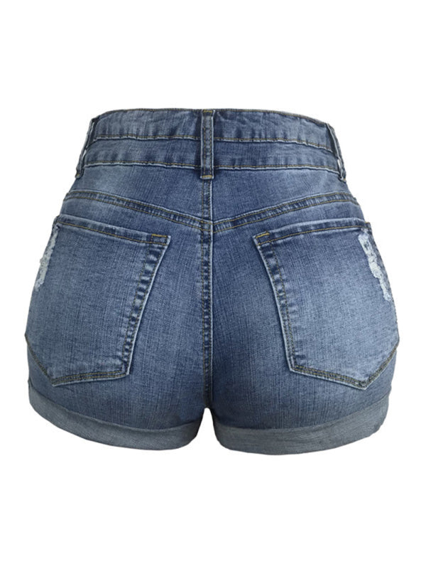 trendy ripped rolled edge elastic high waist denim shorts women's hot pants