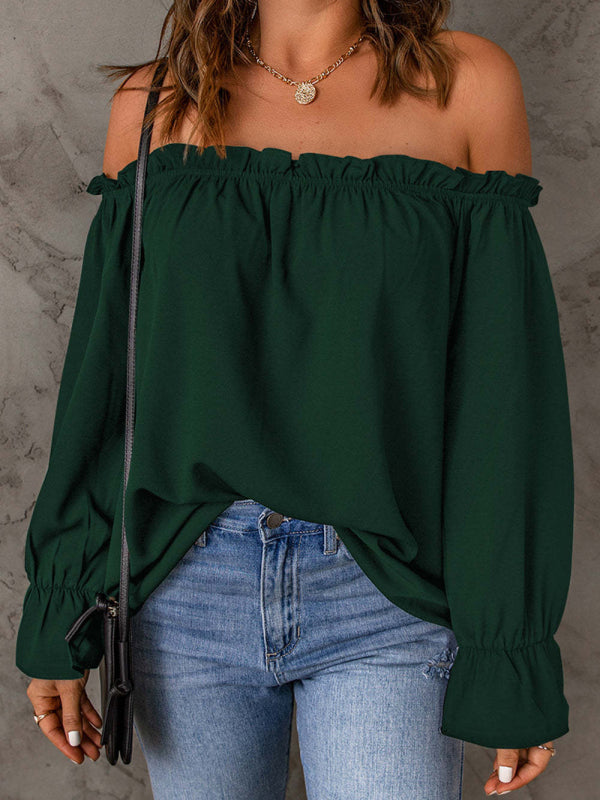 one-neck chiffon shirt solid color pullover sexy off-the-shoulder top