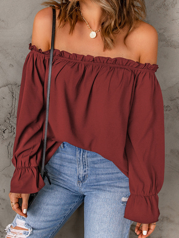 one-neck chiffon shirt solid color pullover sexy off-the-shoulder top
