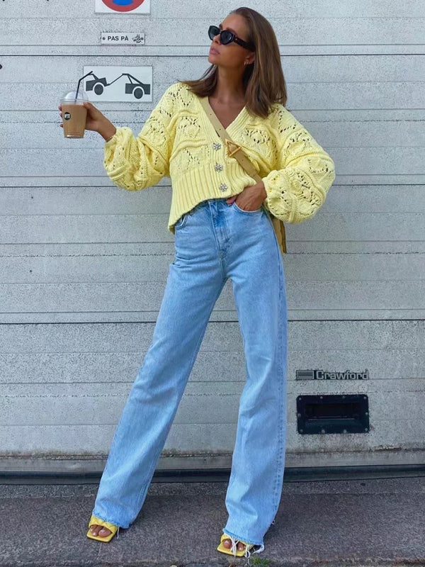 New high-waist floor-length loose slimming straight wide-leg jeans - FZwear