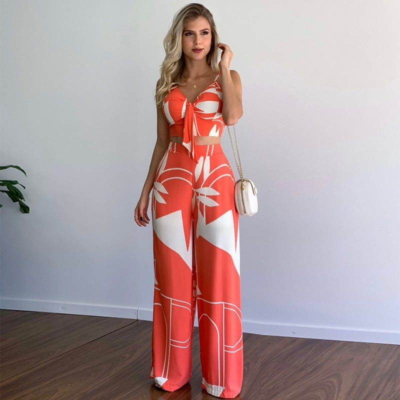 linen-like casual suit v-neck high-waist printed wide-leg pants two-piece set