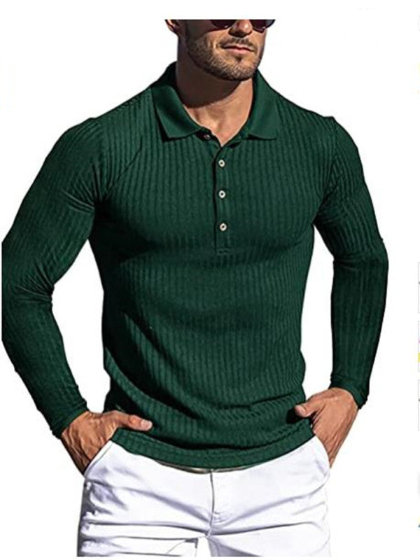 new men's high elastic vertical strip long sleeve polo shirt slim knit bottom shirt polo shirt