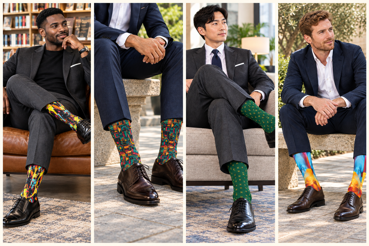 Four-panel collage of seated men wearing colorful FZ over-the-calf socks with dress shoes, showing paint-splatter, geometric, green-and-gold, and blue-orange designs.